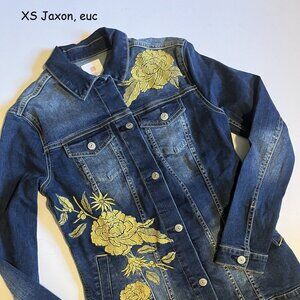 XS Lularoe Jaxon jean jacket, blue with yellow embroidered roses